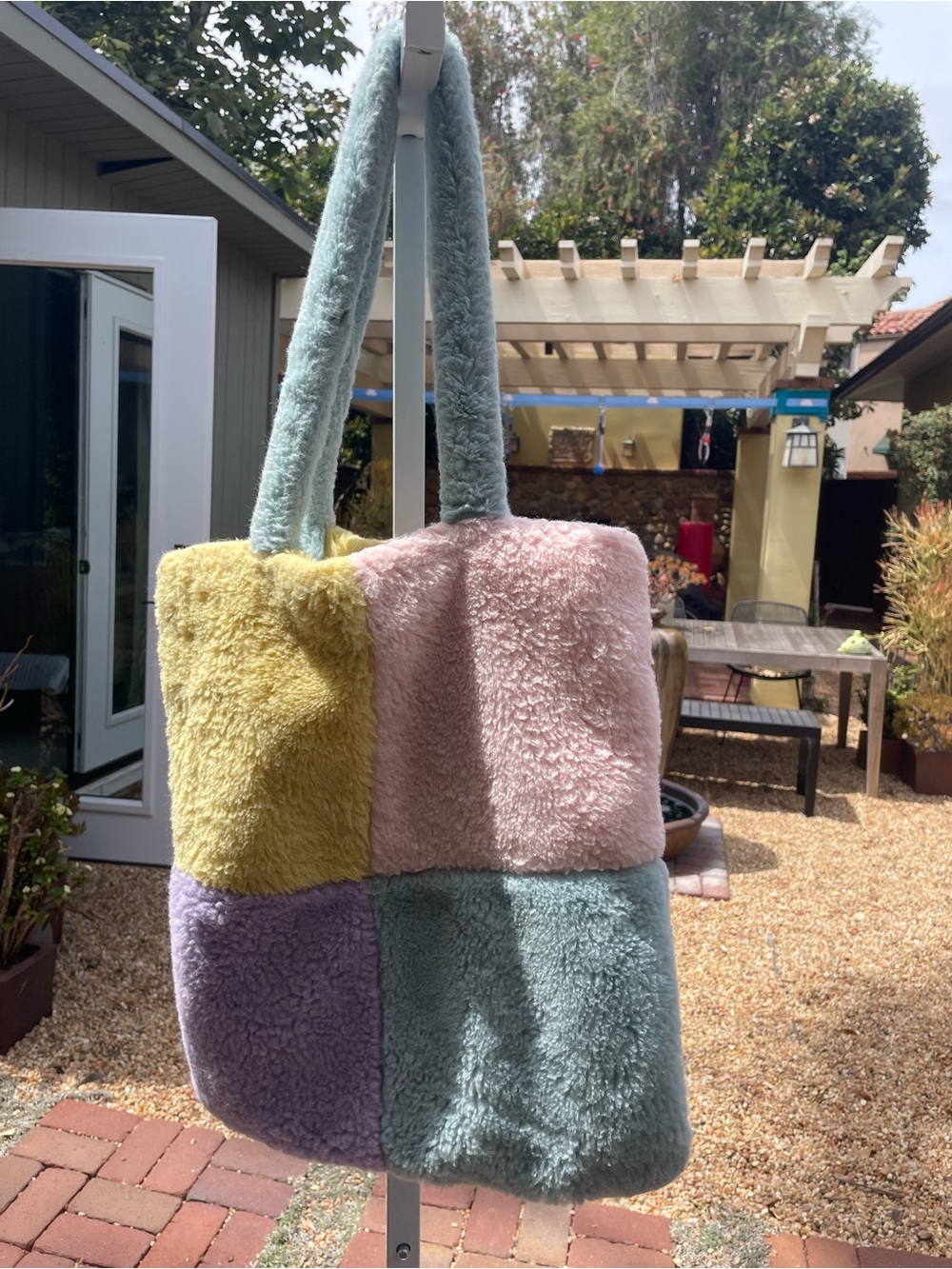 ME Makeover Essentials Pastel Patchwork Plush Tote - Pink, Yellow, Blue, Purple - Picture 3 of 4